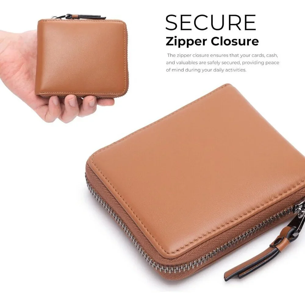 Men's Bifold Leather Dark Brown Wallets Card Slot Secure Zipper Closure Style